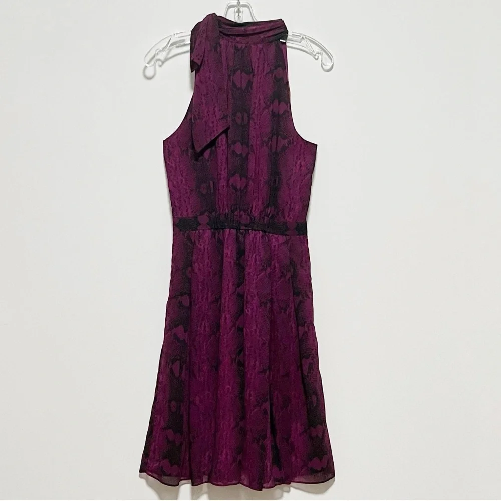 WHBM Fit & Flare Amethyst snake print Sleeveless halter Tie neck chiffon Dress - Picture 5 of 11